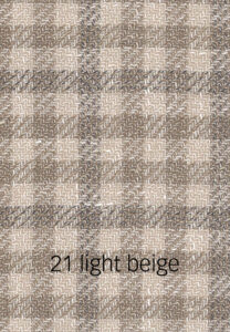 Foto eines hellbeigen Stoffmusters mit dunkelbraunem Karomuster.